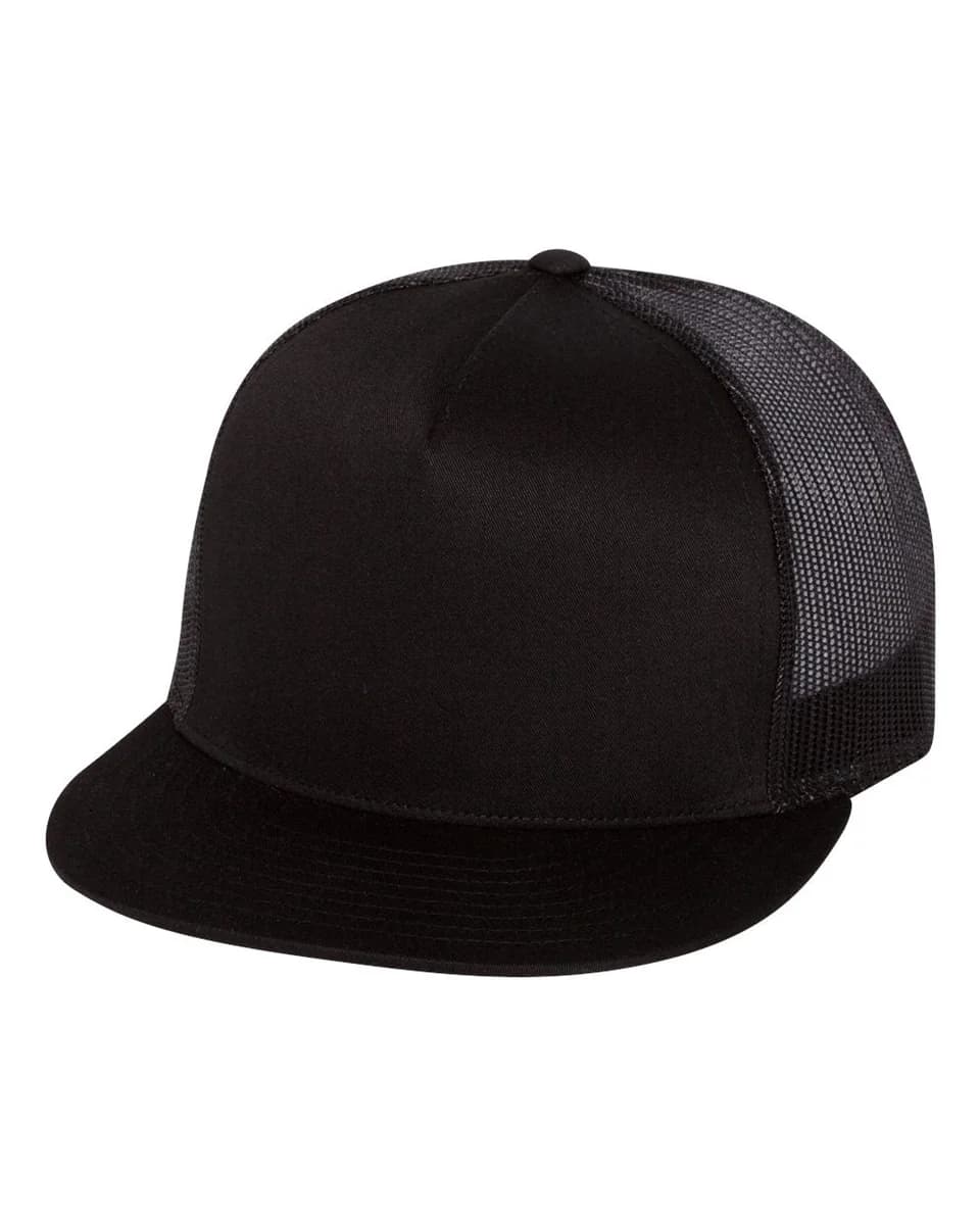 Yupoong 6006 Classic Flat Bill Trucker Cap in Black authentic blank product photo - front view