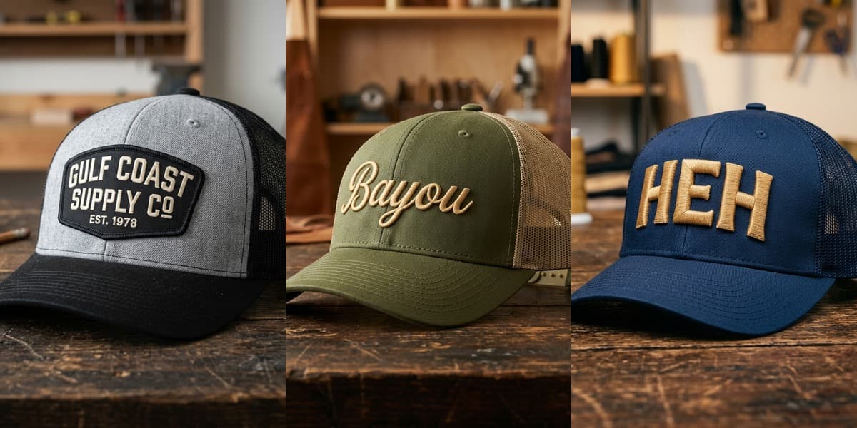 Custom embroidered hats for Gulf Coast Supply Co, Bayou, and HEH on workshop bench